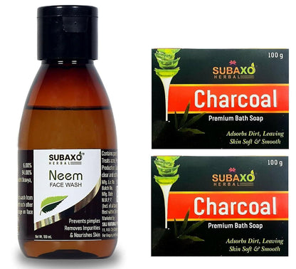 Subaxo Charcoal Bath Soap (75 g Each, Pack Of 2) & Neem Herbal Face Wash (100ml,Combo) - HalfPe