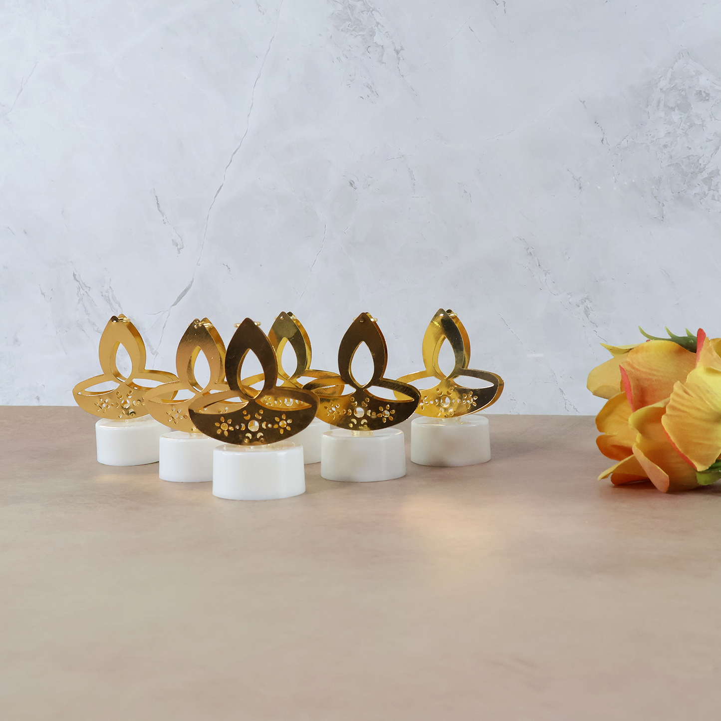 Set of 6 Golden Diya Shaped LED Tealight Candles – Flameless Decorative Festival Lights for Home (6 Pc)