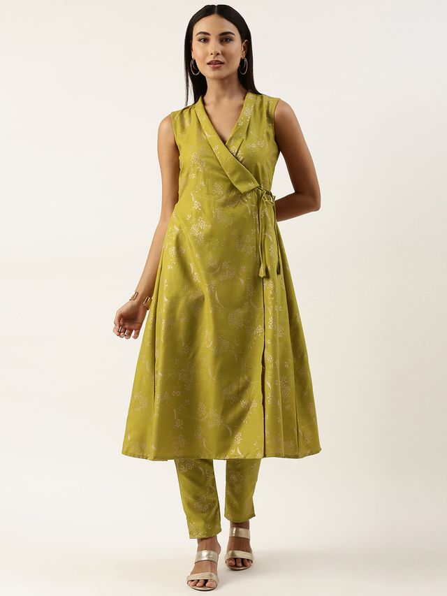 Bollywood Vogue Ready To Wear Olive Green Rayon Foil Print Kurta Set