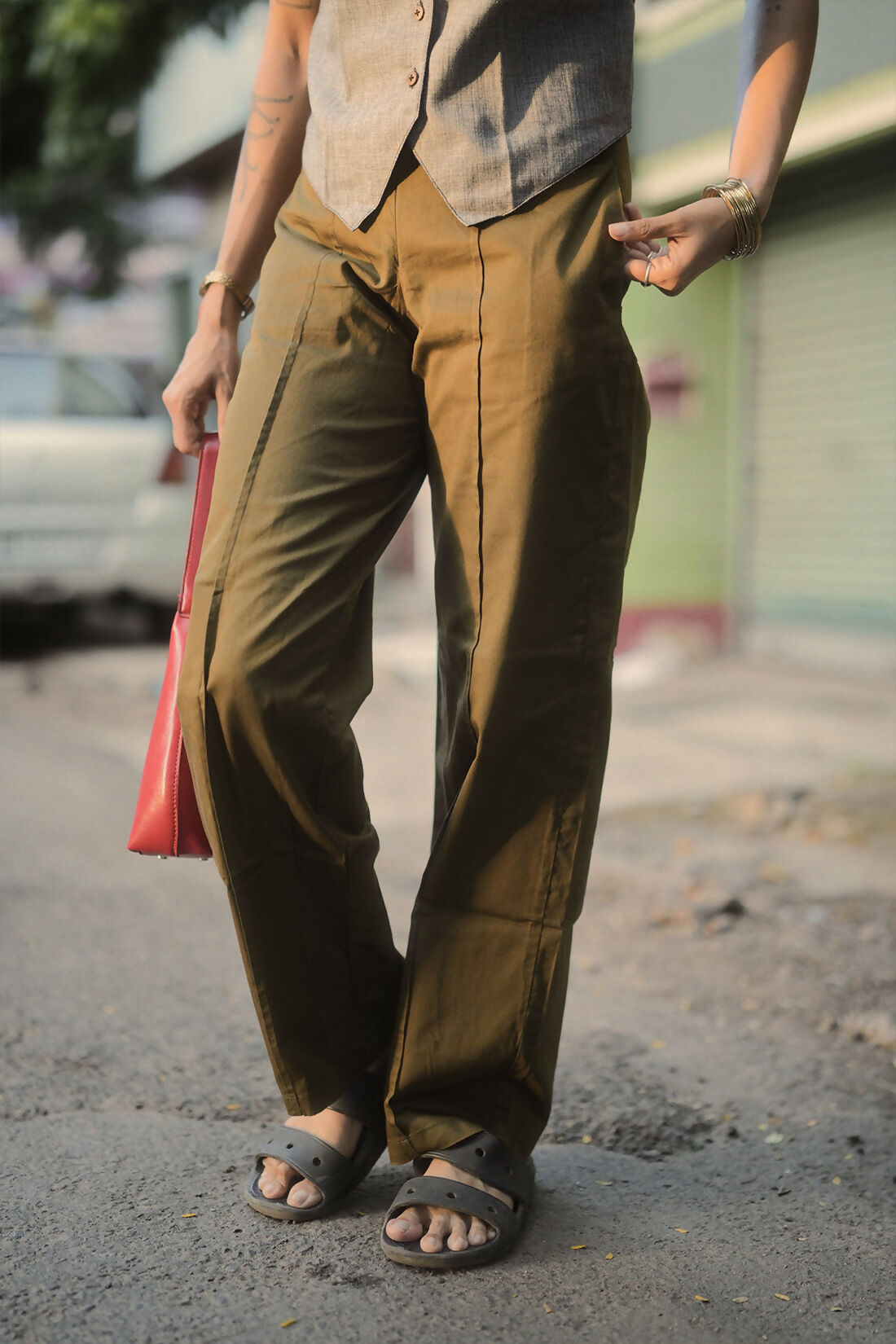 Athena Flat Front Cotton Twill Straight Fit Pants With Pintuck Detailing Studio Sienna
