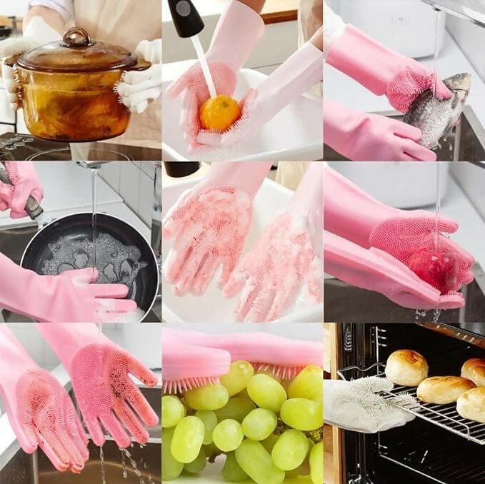 OXSAM Silicone Hand Gloves For Dish Washing Bathroom Cleaning And Kitchen (Pack of 1 (Pink) - HalfPe