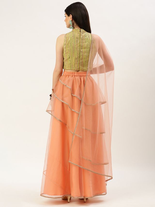 Bollywood Vogue Ready To Wear Green Georgette Sequins N Peach Net Lehenga