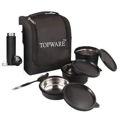 TOPWARE Lunch Box with Temperature Bottle (Black 3 Stainless Steel Containers) - HalfPe