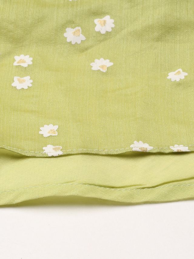 Bollywood Vogue Ready To Wear Green Blended Cotton Foil Printed Ruffled Dress