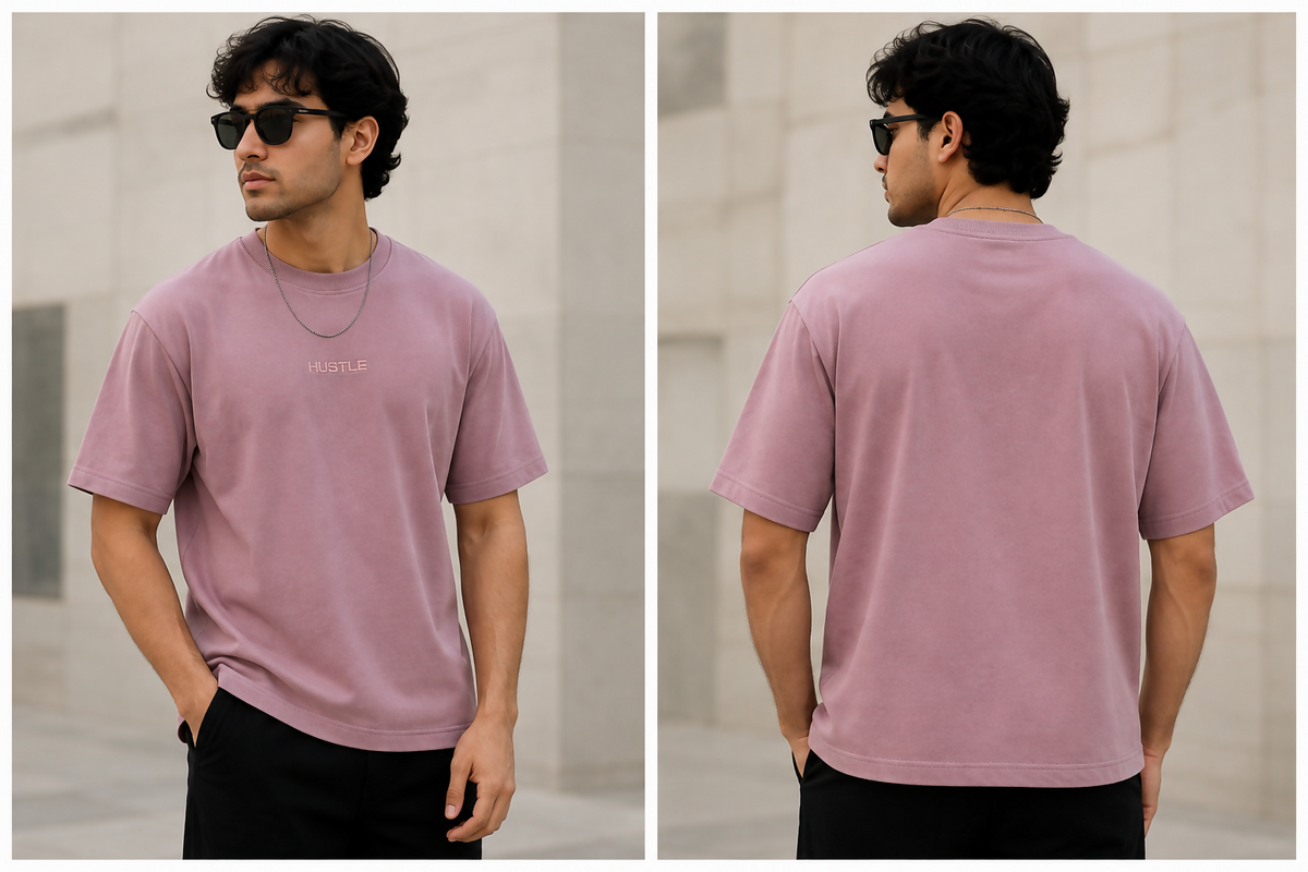 HUSTLE Men’s Casual T-Shirt – Dusty Pink | Relaxed Oversized Fit | Ribbed Crew Neck | Embroidered Logo
