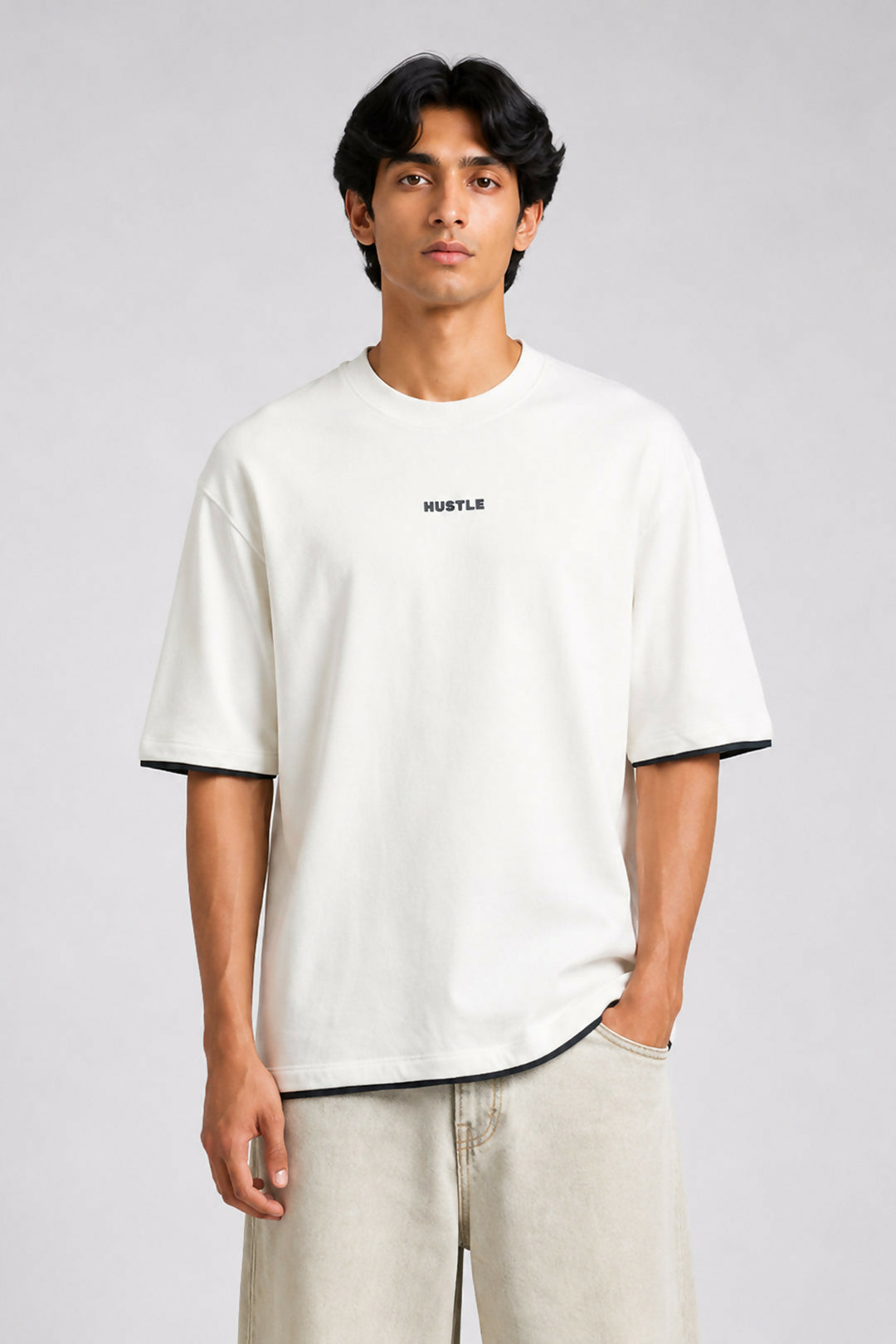 HUSTLE Men's Crew Neck Oversized Tees - White