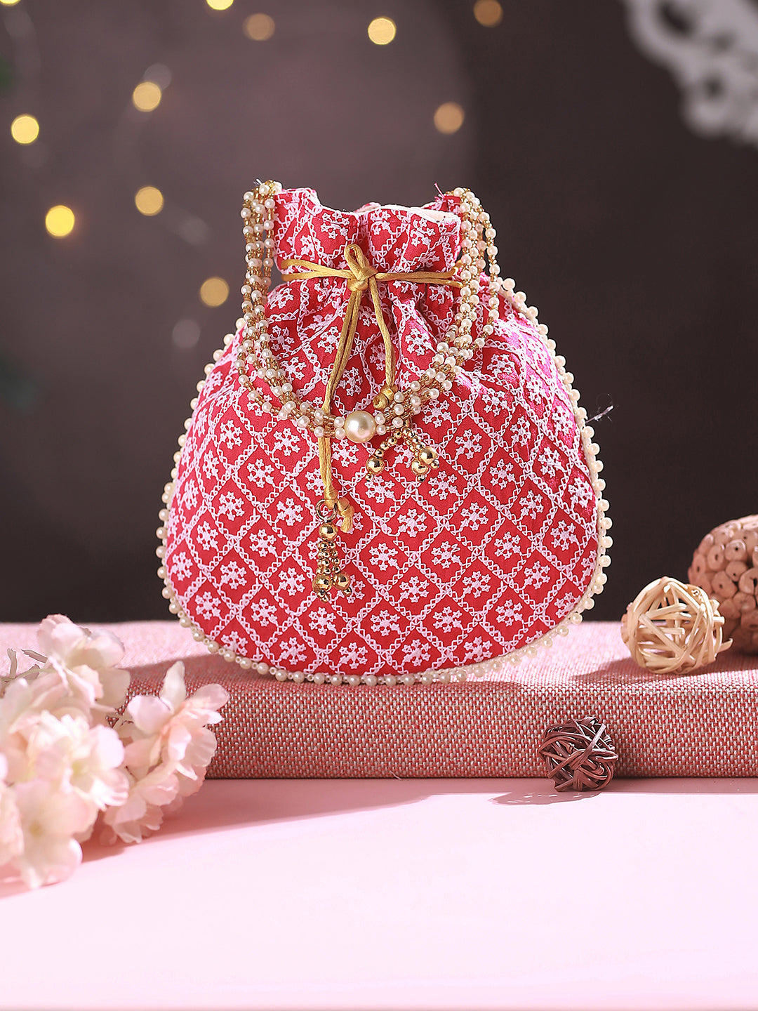 Jazz And Sizzle Festive Wedding Pink & White Embroidered Potli Clutch