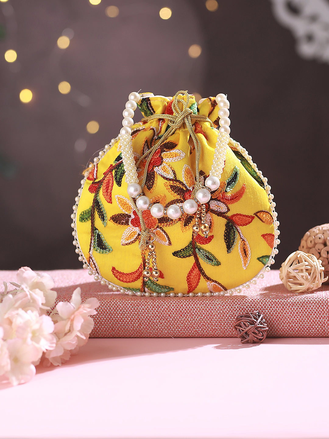 Jazz And Sizzle Yellow & Gold-Toned Chikan Embroidered Work Potli Clutch