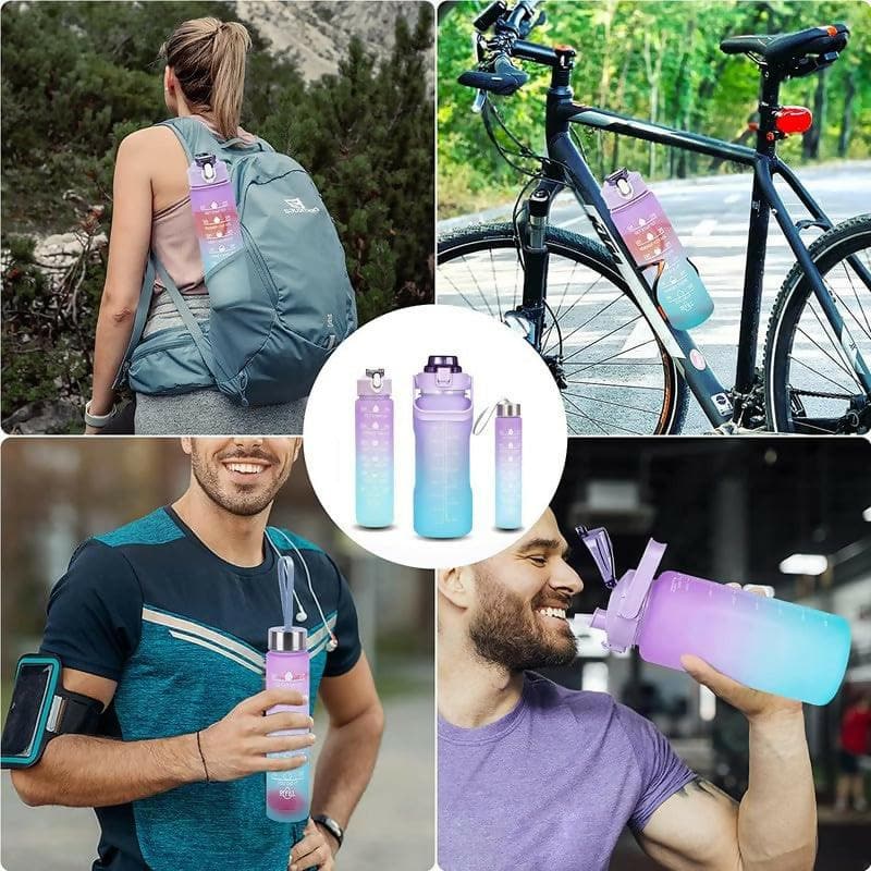 Unbreakable Leakproof Motivational Water Bottle With Phone Holder (Set of 3 Pcs) - HalfPe