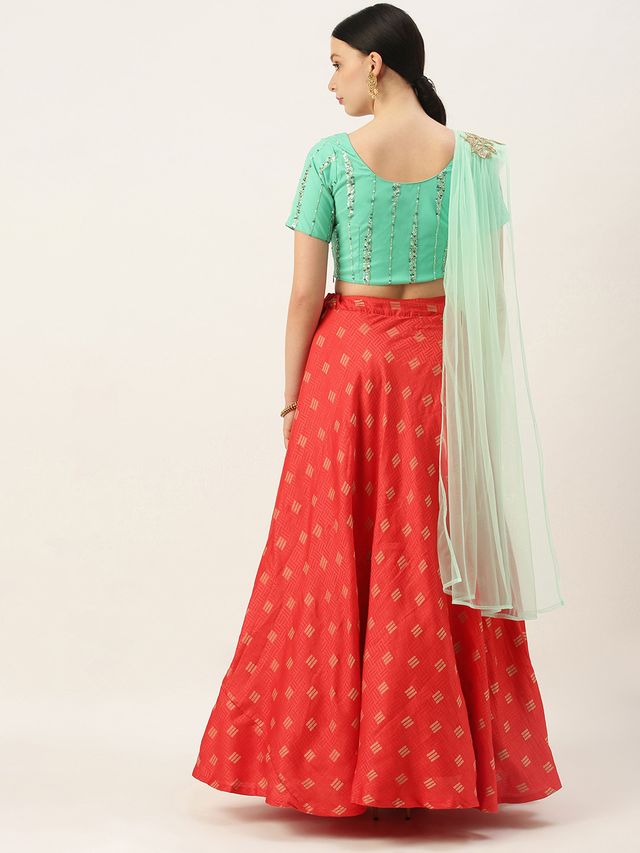 Bollywood Vogue Ready To Wear Red N Green Embroidered Floor Length Lehenga Set