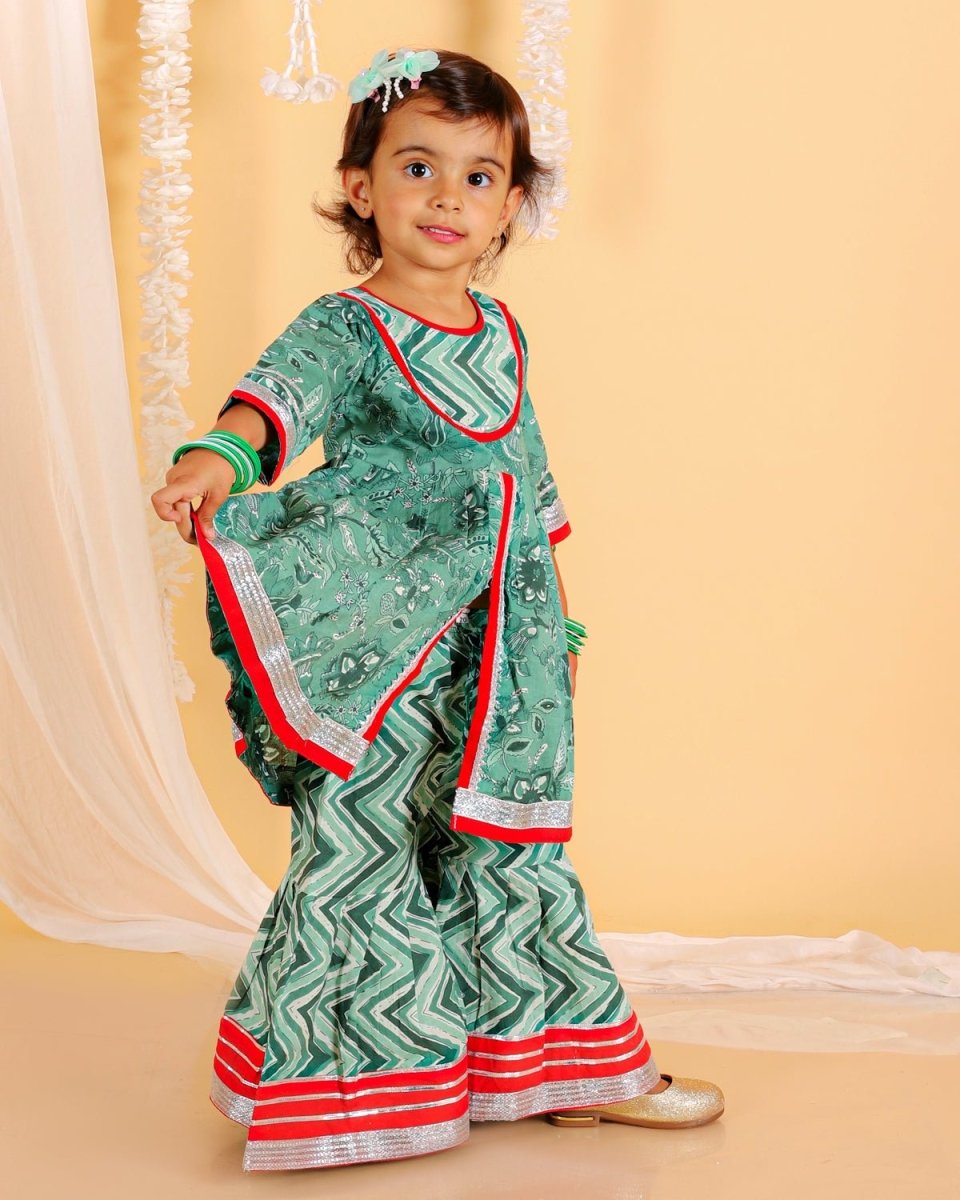 Viridian Green Girls Anarkali Kurta Sharara Set - KES-SC-DRG-0-6