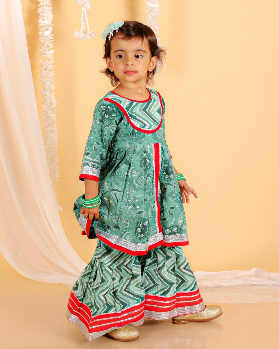 Viridian Green Girls Anarkali Kurta Sharara Set - KES-SC-DRG-0-6
