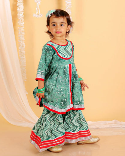 Viridian Green Girls Anarkali Kurta Sharara Set - KES-SC-DRG-0-6