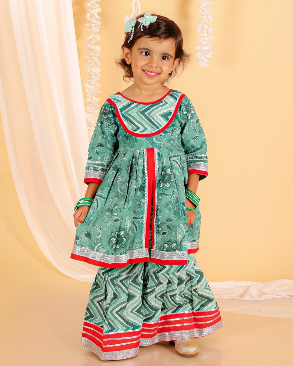 Viridian Green Girls Anarkali Kurta Sharara Set - KES-SC-DRG-0-6