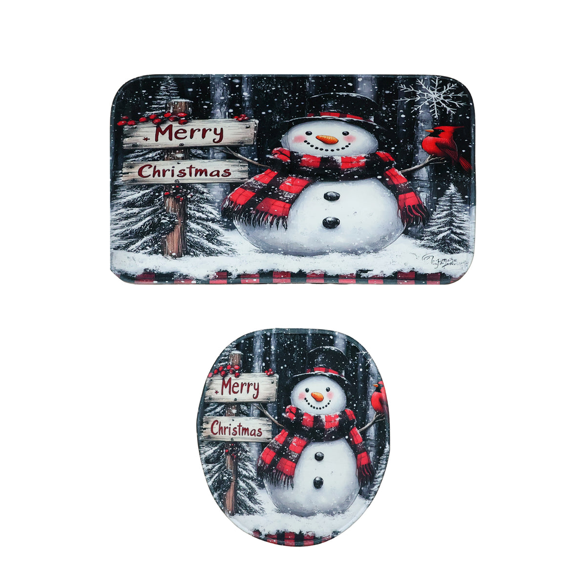 3 in1 Christmas-Themed 3-Piece Bathroom Mat Set – Snowman Print with Soft Microfiber with Anti-Skid Backing- (1 Set)