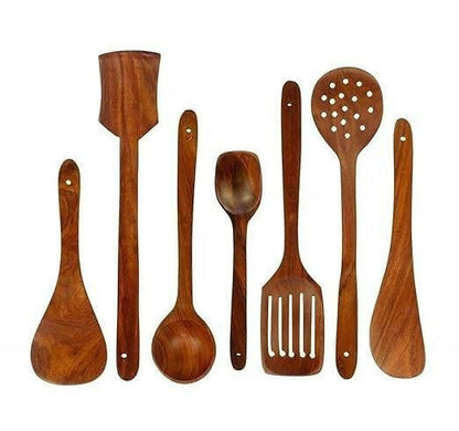 Wooden Handmade Kitchen Cooking Spatule Non Stick Serving (Set of 7) - HalfPe