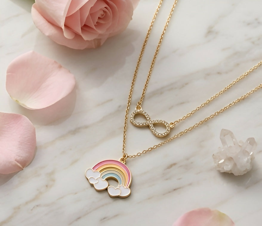 Set of 2 Rainbow & Infinity Pendant Necklaces for Women & Girls