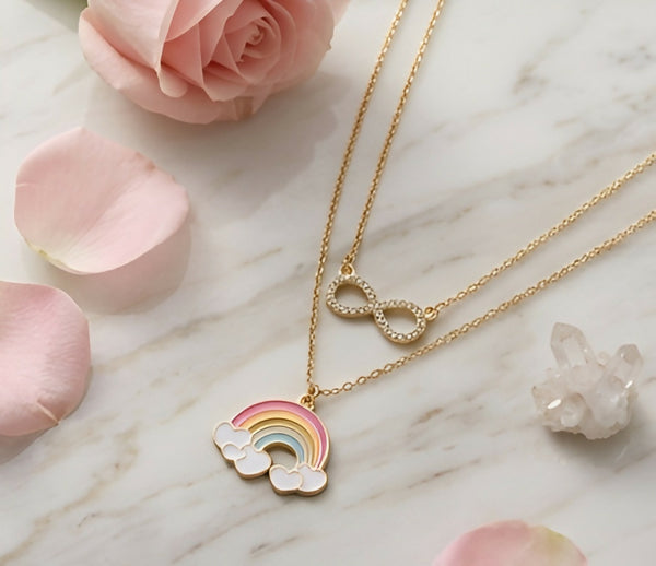 Set of 2 Rainbow & Infinity Pendant Necklaces for Women & Girls