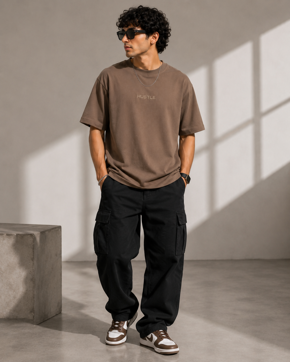 Hustle Oversized T-Shirt for Men – Brown/Taupe Half Sleeve | Embroidered Logo