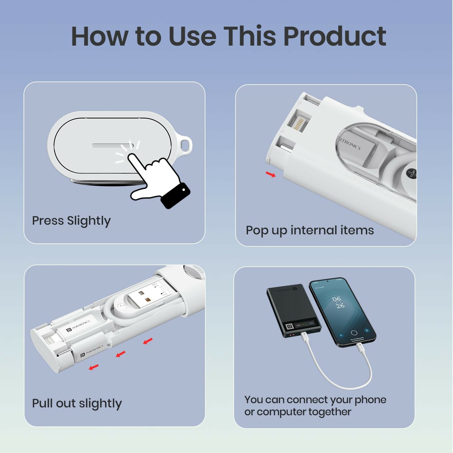 Portronics Snapcase 4 60W Multifunctional Fast Charging Data Cable Kit | USB-A & Type-C to Micro USB, Type-C & Lightning | SIM & SD Card Storage