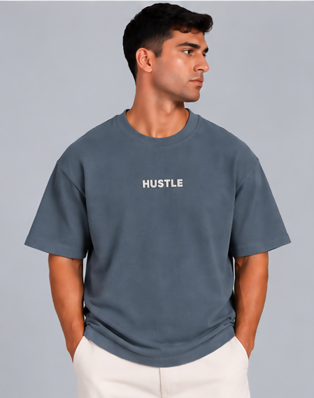 HUSTLE Men's Crew Neck Oversized Tees - Dark Slate Blue