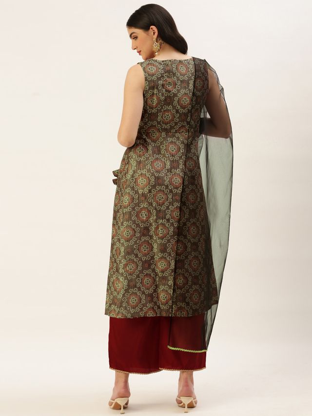 Bollywood Vogue Ready To Wear Maroon N Grey Printed Art Silk Anarkali Set