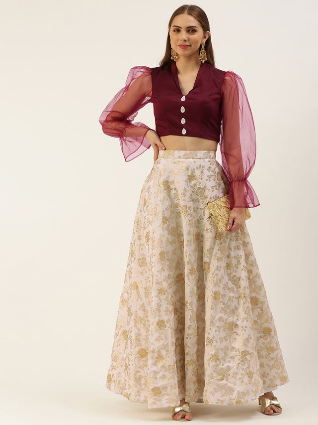 Bollywood Vogue Ready To Wear White Jacquard N Wine Art Silk Skirt Set