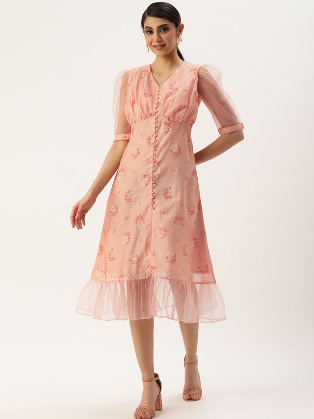 Bollywood Vogue Ready To Wear Peach Foil Printed A Line Dress