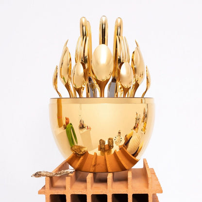 Premium 24-Piece Golden Cutlery Set with Stylish Oval Stand
