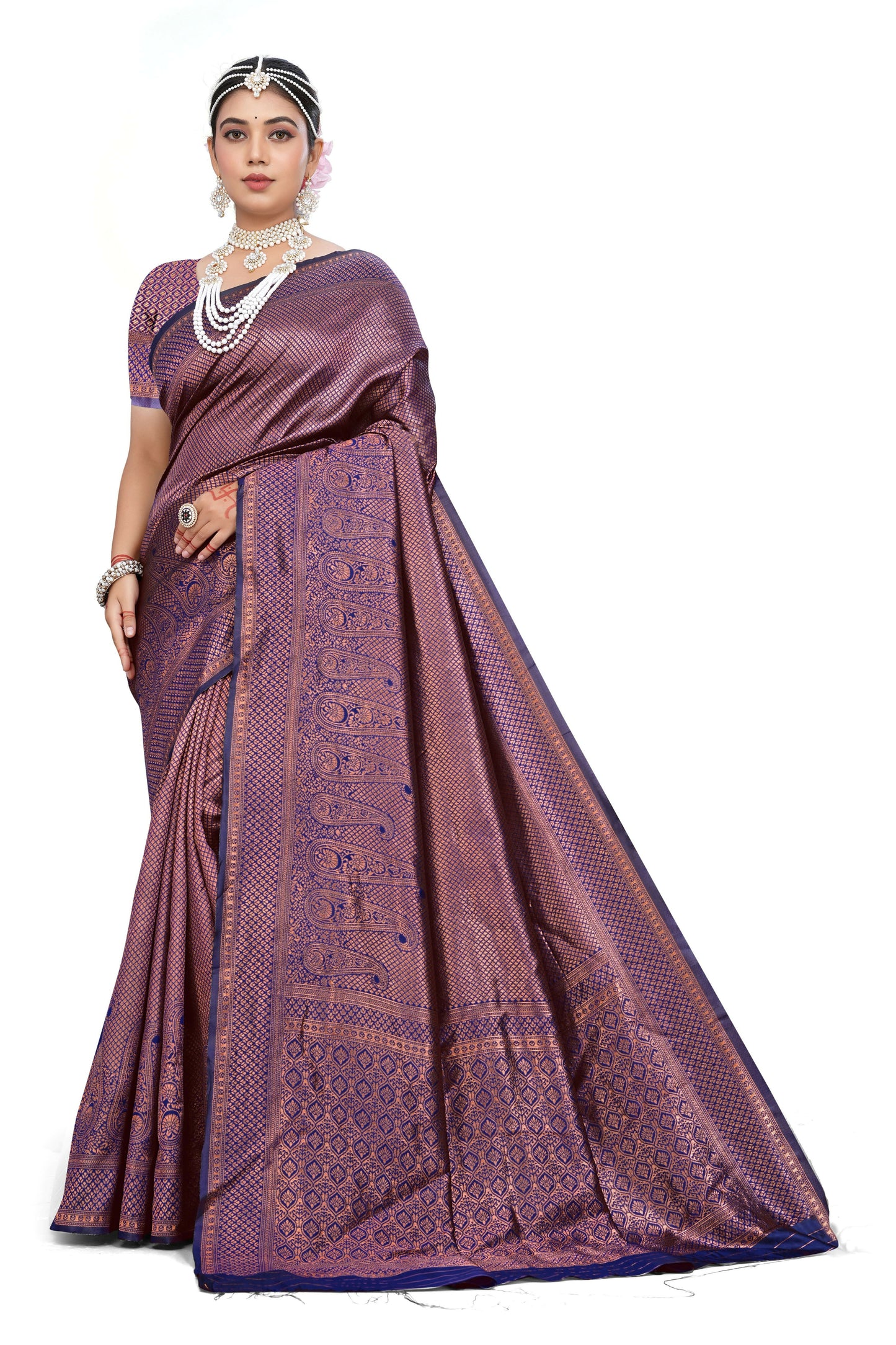 AXONIT Royal Purple Banarasi Silk Saree with Traditional Paisley Zari