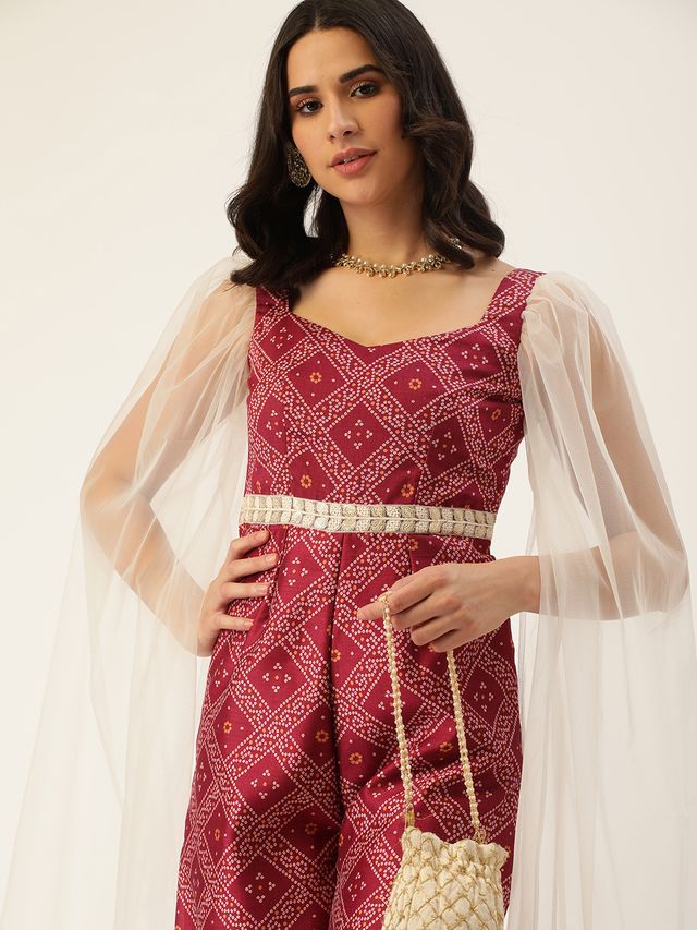 Bollywood Vogue Ready To Wear Pink Art Silk Digital Printed Jumpsuit