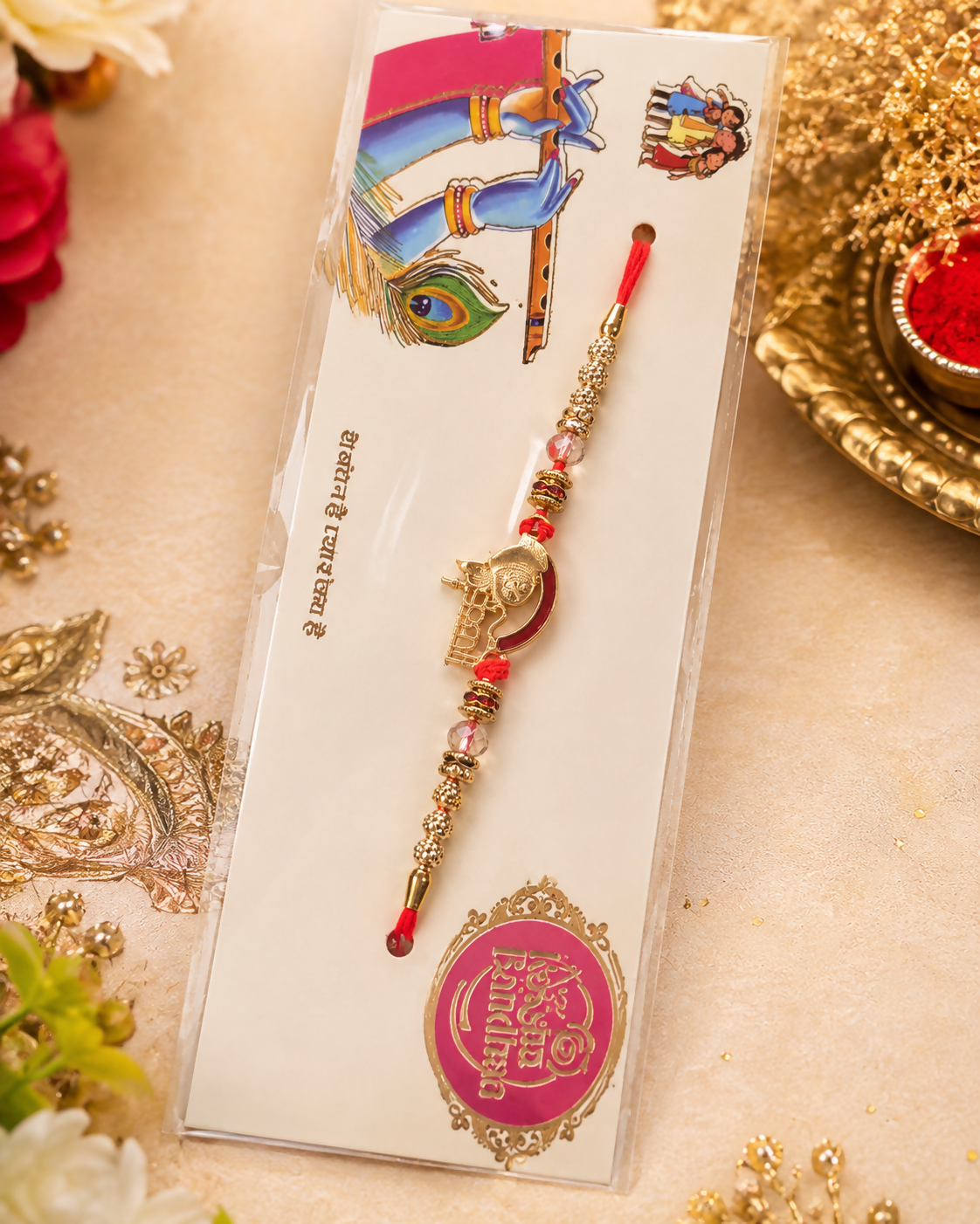 Krishna Rakhi – Premium Red Thread Rakhi with Golden Krishna Charm & Beads – Pack of 2