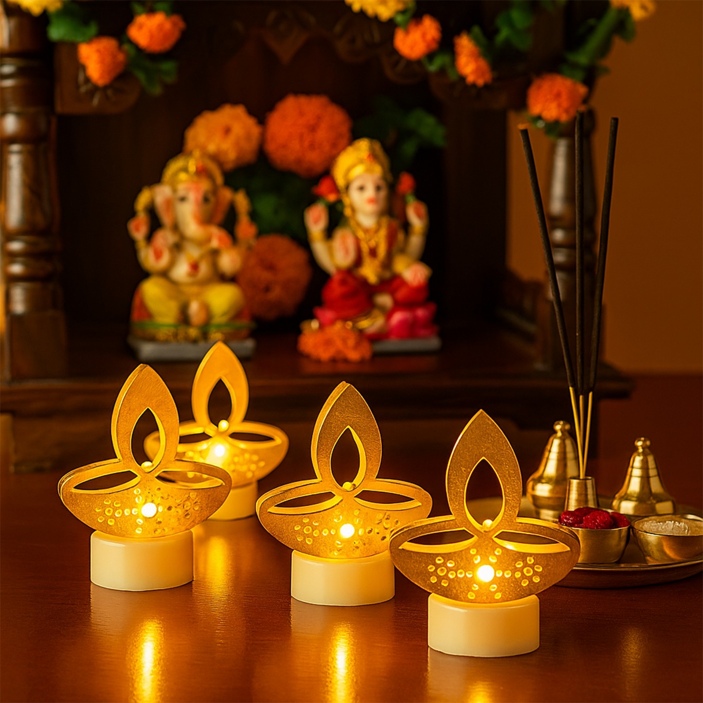 Set of 6 Golden Diya Shaped LED Tealight Candles – Flameless Decorative Festival Lights for Home (6 Pc)