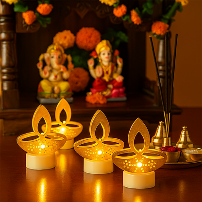 Set of 6 Golden Diya Shaped LED Tealight Candles – Flameless Decorative Festival Lights for Home (6 Pc)