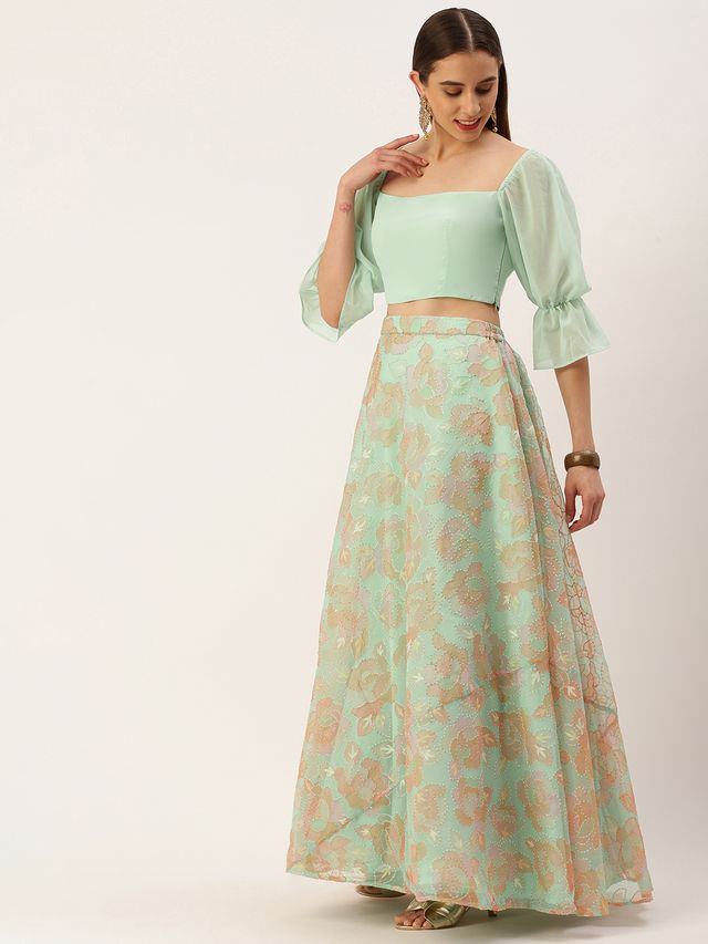 Bollywood Vogue Ready To Wear Multicolored Organza Sequins Lehenga Set