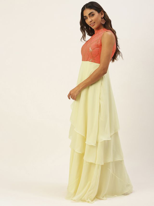 Bollywood Vogue Ready To Wear Off White N Peach Georgette Embroidered Gown