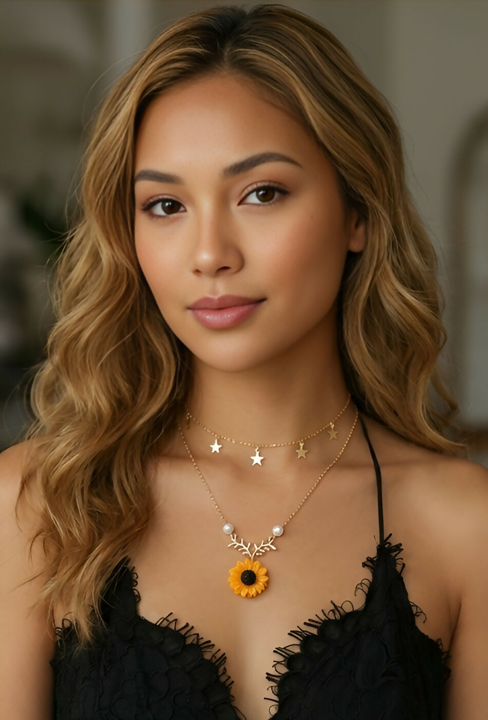 Sunflower Pendant & Star Charm Necklace Set