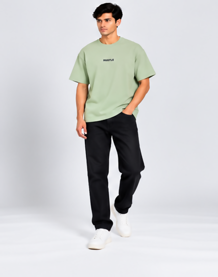HUSTLE Essentials Men's Crew Neck Oversized T-Shirt – Light Sage Green(Oversized fit)