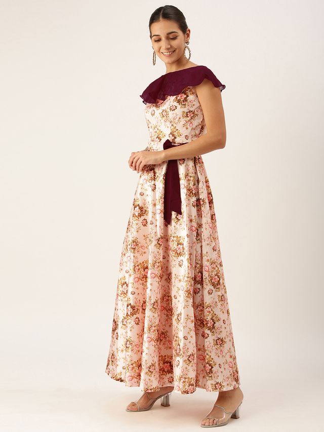 Bollywood Vogue Ready To Wear Pink Taffeta Digital Printed N Burgundy Dress