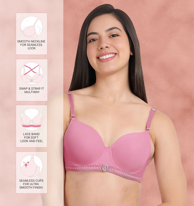 Susie 3/4th coverage WildOrchid Bottom Lace Trim With CharmPadded Adjustable Detachable Multiway Wired Bra