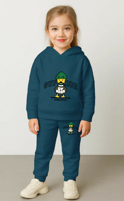 Girls' Teal Blue Cotton Blend hoodie-and-jogger set featuring a cute cartoon duck wearing a green cap Sweatshirt & Joggers (Ages 0 Months to 7 Years) Luck Fashion