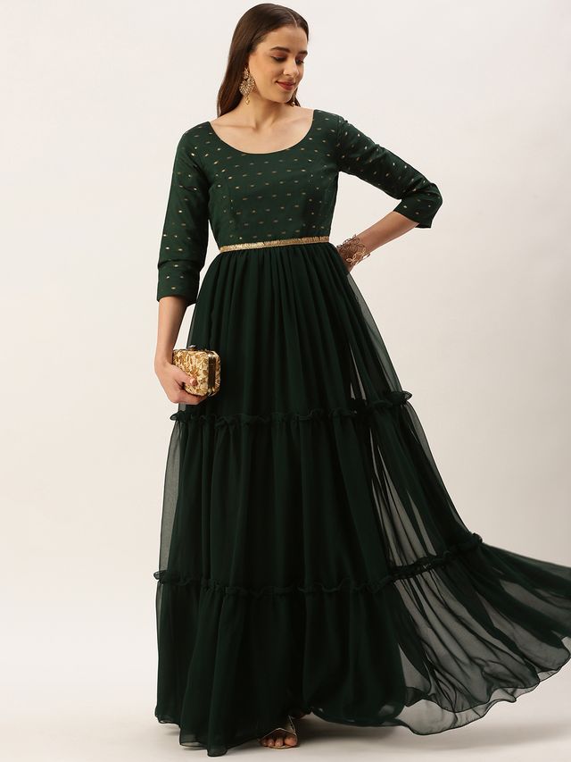 Bollywood Vogue Ready To Wear Teal Green Cotton Jacquard N Georgette Dress