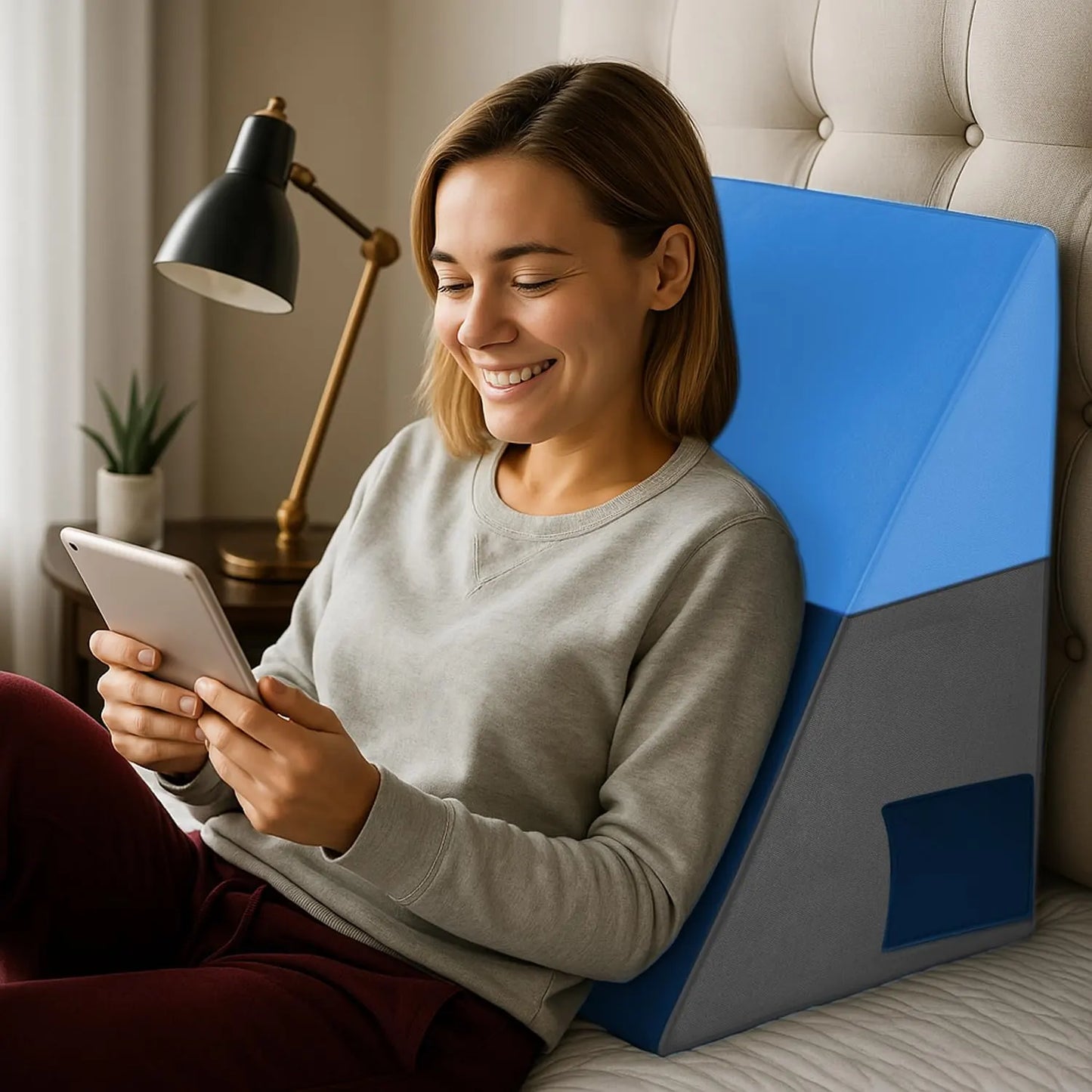 Sleepsia Wedge Pillow for Sleeping | Back Support Orthopedic Memory Foam Wedge Cushion | Back & Leg Support- Grey/Blue