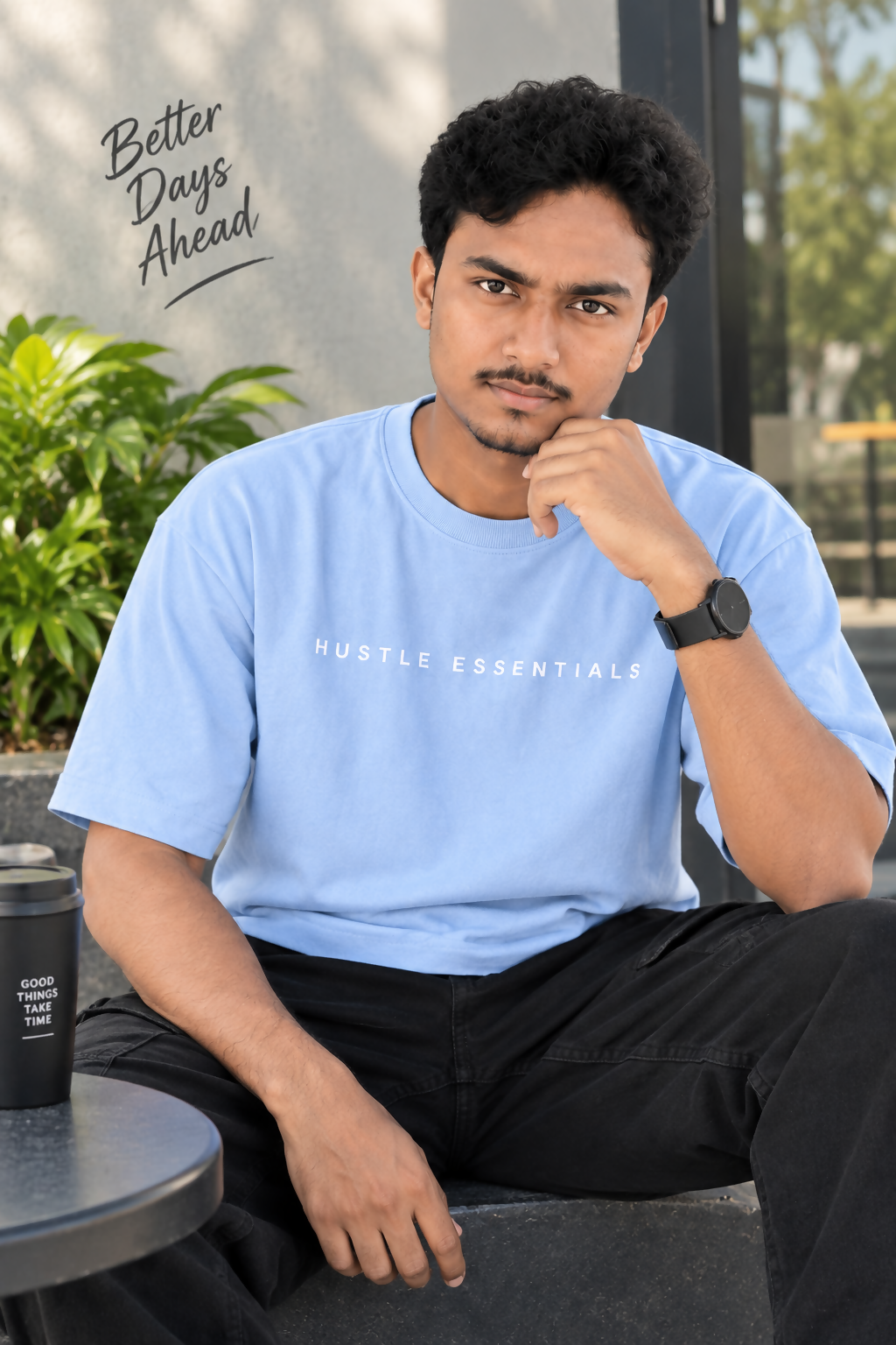 Men's Hustle Essentials Oversized Light Sky Blue T-Shirt | Relaxed Fit Casual Tee