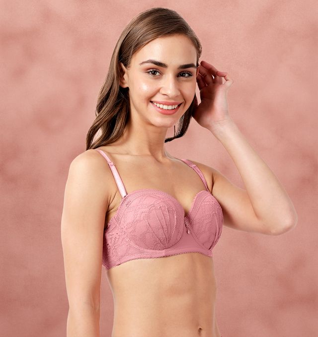 Susie Half Coverage Mauve Lace Detachable Strap Padded Underwire Balconette Adjustable MultiwayBra