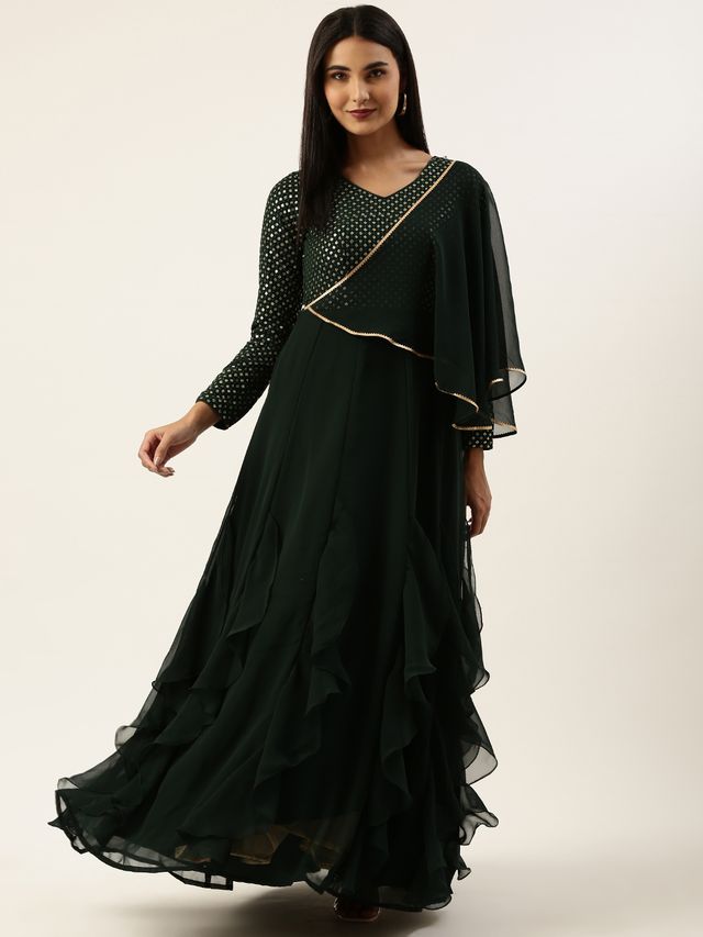 Bollywood Vogue Ready To Wear Green Embroidered Georgette Kali Flared Gown