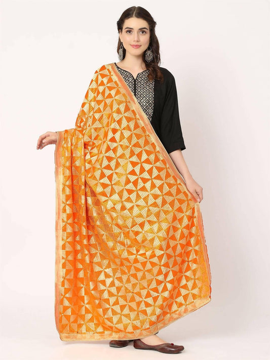 Orange Phulkari Embroiidery Bagh Dupatta - HalfPe