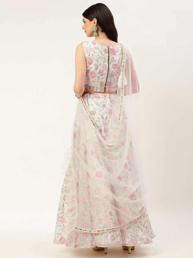 Bollywood Vogue Ready To Wear White Embroidered Organza Lehenga Set