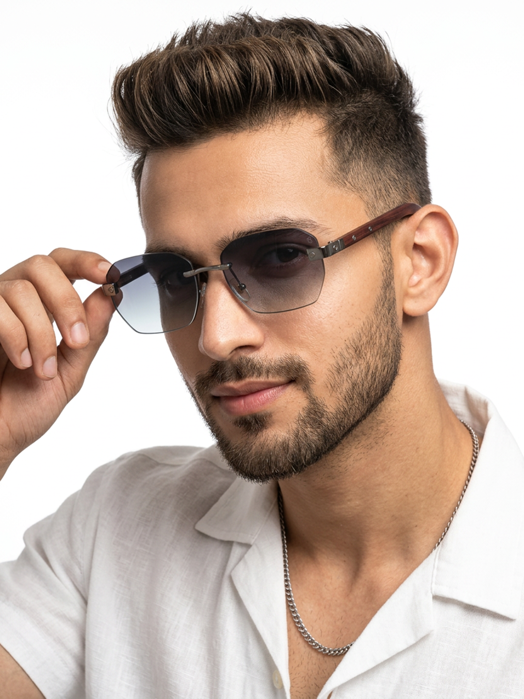 Essence Amber Grey Rimless Sunglasses for Men and Women - worn by a male model (image 1)