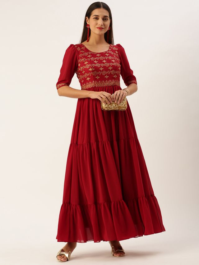 Bollywood Vogue Ready To Wear Maroon Art Silk N Geogette Flare Dress